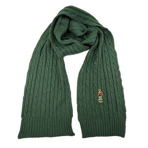 Ralph Lauren Polo Cable Knit Teddy Bear Basketball Embroidered Scarf Green 8x68